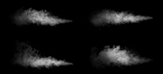 White smoke rising on black background. Abstract steam effect for design, texture or overlay. Perfect for creative works, background or atmosphere effects and graphic design.