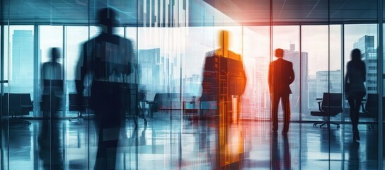 Blurred silhouettes of professionals in a modern glass office with city skyline, reflections and dynamic light conveying motion, urgency and contemplative corporate mood