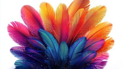 Vibrant fan of multicolored feathers in blue, purple, pink, red and golden orange with delicate texture and sparkling accents, radiating joy and elegant energy