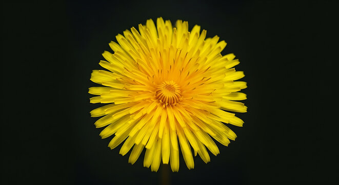 Close up shot of a vibrant yellow dandelion flower against a stark black background in sharp focus - Powered by Adobe
