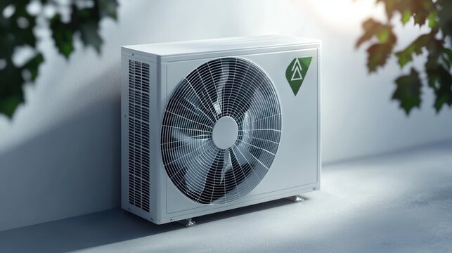 outdoor air conditioning unit with visible fan and vents against a white wall, leafy shadows and warm sunlight conveying calm efficiency