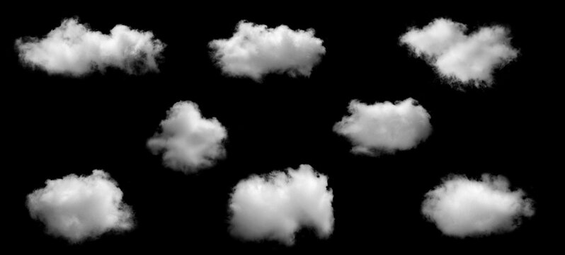 Collection of isolated white cloud shapes on a black background, perfect for digital design, photo compositing, weather concepts, sky effects, and creative graphic elements for professional artwork. 