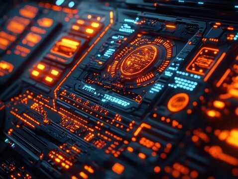 Futuristic circuit board control panel with glowing orange and blue LEDs, intricate microchips and circular interface, high-tech intense atmosphere
