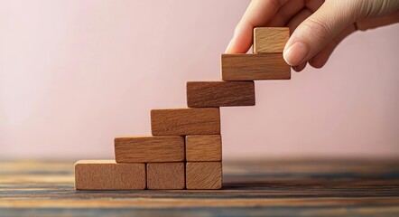 Hand placing a wooden block on a small staircase of stacked wooden blocks on a wooden table with a soft pink background, conveying steady progress and achievement