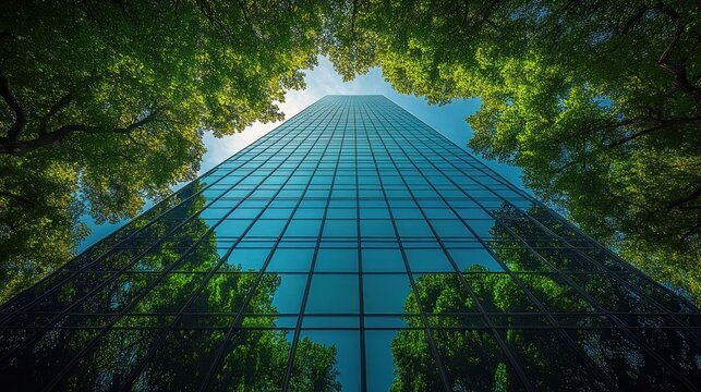 looking up at a reflective glass skyscraper framed by a lush green tree canopy and blue sky, evoking serene harmony between urban architecture and nature