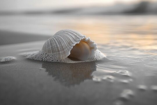 single white seashell nestled in foamy wet sand on a calm beach at sunset, soft golden light and gentle ripples evoke peaceful solitude
