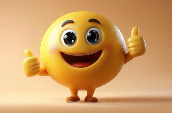 3d round yellow smiley with big glossy eyes and blushing cheeks standing on tiny legs giving two thumbs up cheerful and encouraging on warm peach background