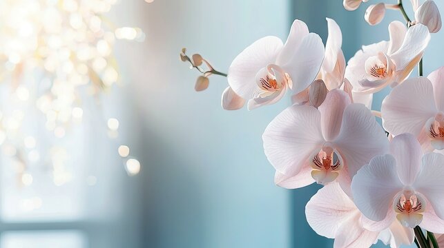 A close-up view of several delicate white orchid flowers with soft pink centers, blooming indoors. The background features a soft blue hue with blurred bokeh li