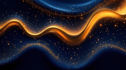 Golden and deep blue flowing ribbons with glittering stars and sparkling particles, elegant luminous waves evoking cosmic wonder and serene celebration