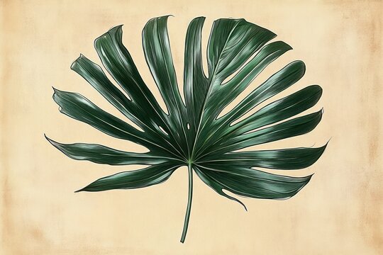 Large fan-shaped tropical split leaf with deep green veins on a textured beige background, minimalist and serene botanical study - Powered by Adobe