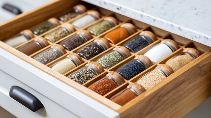 Organized Spice Drawer With Labeled Jars in a Modern Kitchen Setting for Easy Access While Cooking