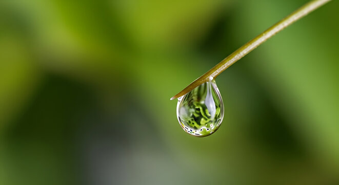 A water droplet hanging from a blade of grass with a blurred green background in macro photography