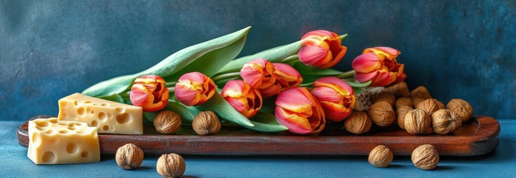 Warm still life of pink-orange tulips, Swiss cheese wedges and whole walnuts on a wooden board against a dark blue background, cozy and elegant