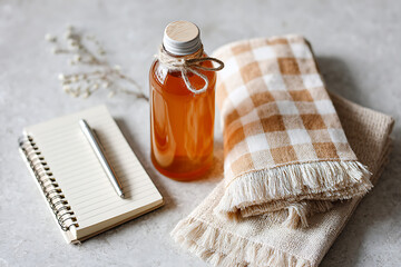Creative Kitchen Setup With Honey Bottle, Notebook, and Cozy Towels on a Marble Countertop