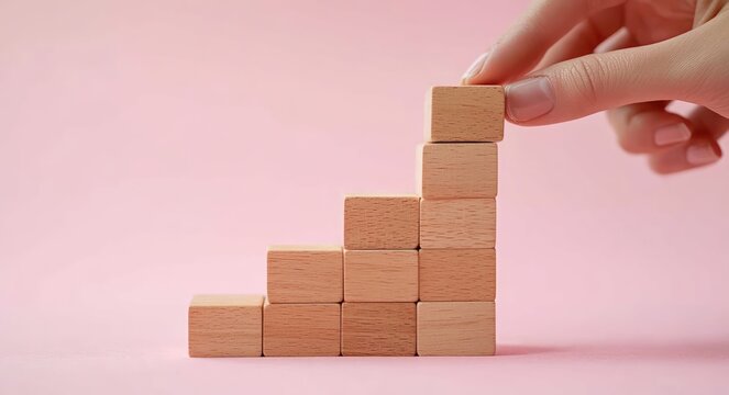 Hand placing a wooden block on an ascending staircase of wooden cubes against a soft pink background, evoking growth, progress and optimistic achievement