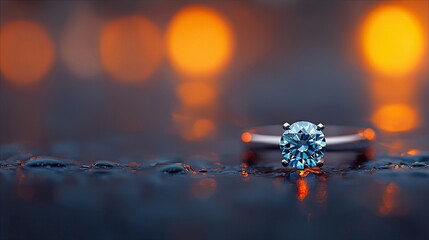 A close-up shot of a diamond ring with a blue gemstone, placed on a dark, wet surface. The background features blurred orange and yellow bokeh lights, creating