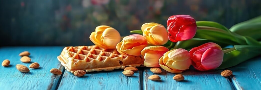 Warm spring breakfast scene with golden waffles, scattered almonds and vibrant yellow and red tulips on a rustic blue wooden table, cozy inviting mood