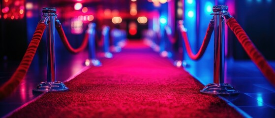 empty red carpet lined with chrome stanchions and velvet ropes under neon blue and pink lights, glamorous and anticipatory atmosphere