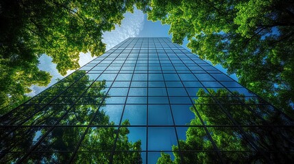 Glass skyscraper rising between lush green tree canopies, mirrored facade reflecting blue sky and leaves, creating a serene harmonious blend of nature and modern architecture