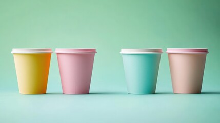 Four pastel disposable cups with lids in yellow, pink, mint and beige lined up on a soft mint background, creating a playful cheerful minimalist product scene