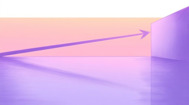 minimalist purple arrow stretching across a glossy reflective surface toward a distant purple wall under a soft peach gradient sky, evoking calm hopeful forward movement