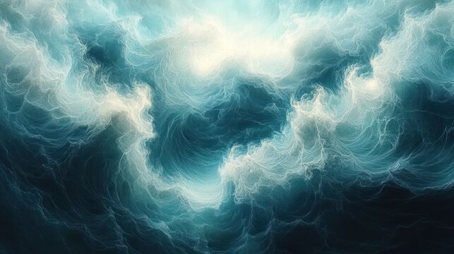 swirling teal and white turbulent waves and misty clouds with glowing center, dynamic currents and frothy foam conveying awe and dramatic powerful atmosphere