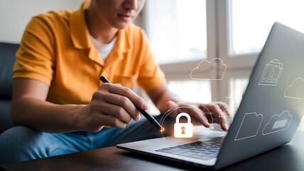 Man Working on Laptop with Security Cloud Technology at Home