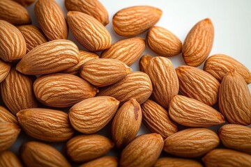 close-up of whole raw almonds scattered on a light surface, textured golden-brown shells, inviting wholesome healthy snack