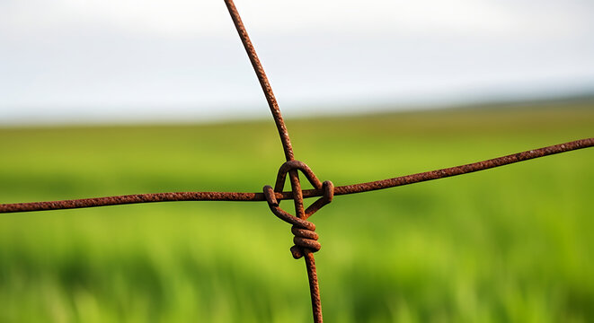 A close up of a rusty wire fence knot with a green field and sky in the soft blurred background
