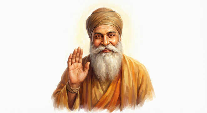 Guru Nanak, profound spiritual teacher, radiates wisdom and serene peace. benevolent guru, he guides seekers toward inner harmony. His expression conveys enlightenment and inspires deep reverence