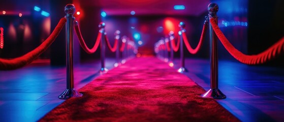 Empty red carpet lined with chrome stanchions and velvet ropes under neon red and blue lighting, cinematic low-angle view conveying glamour, anticipation and exclusive event atmosphere