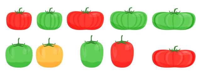 Fresh tomato collection with different color raw and ripe tomatoes red green for cookbook and vegan food