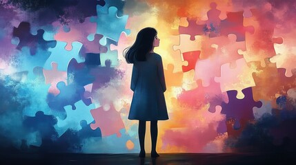 Silhouetted young woman in a coat standing before a wall of oversized colorful jigsaw puzzle pieces, contemplative and hopeful amid swirling abstract light