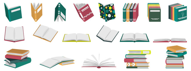 Books set cue colorful book collection different stacks and piles of books open and closed books educational  scientific and fiction literature theme