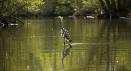 A grey heron standing in shallow water with its reflection visible on the water surface in nature
