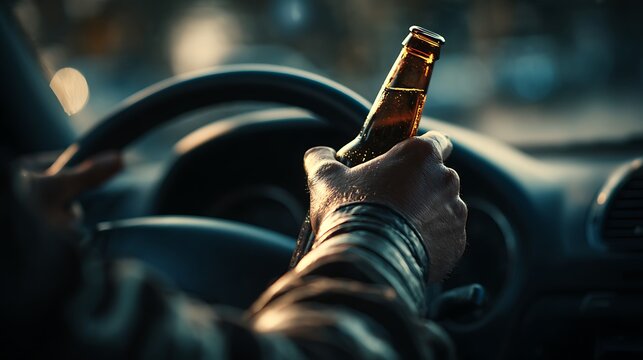 Driving Under the Influence Concept with Beer Bottle and Steering Wheel