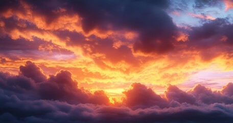 Fiery sunset breaking through layered clouds, glowing orange and purple sky evoking awe and calm