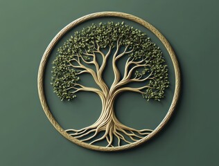 golden circular emblem of a stylized tree with intertwining roots and leafy branches on a deep green background, evoking serenity and harmonious growth
