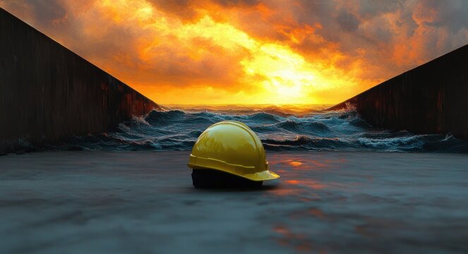 Yellow construction helmet on wet concrete channel with crashing sea and fiery sunset between towering walls, conveying solitude and looming danger - Powered by Adobe