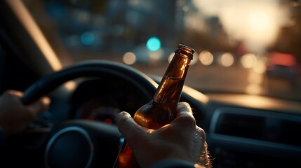 Driving with Beer Bottle Reckless Drink Driving Concept at Night