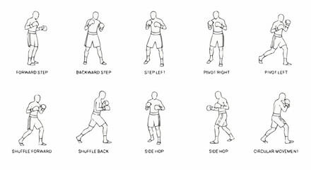 Collection of hand drawn boxer poses and fighting stances.