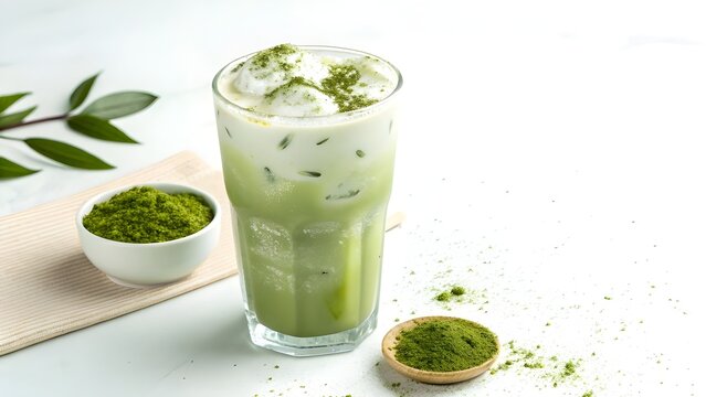 Refreshing iced matcha latte with milk foam and green tea powder on white background