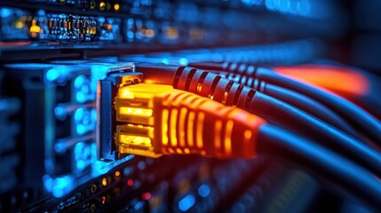 glowing orange ethernet cables plugged into a network switch with blue ambient lighting, conveying high-tech connectivity and energy