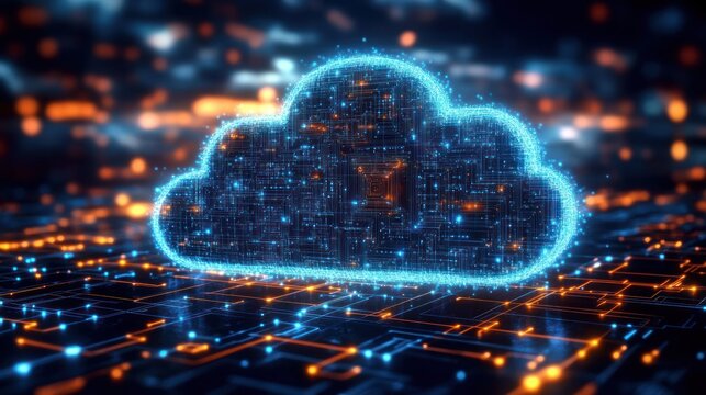 Futuristic glowing blue circuitry cloud hologram floating above an illuminated circuit board with orange and blue lights, high-tech digital network atmosphere