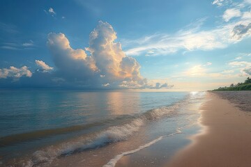 Serene sunrise over a quiet sandy beach with gentle waves, reflective calm sea, towering sunlit cumulus clouds and a distant green shoreline, evoking peaceful solitude