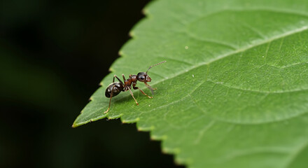 Close up view of a small ant resting on a vibrant green leaf in a natural outdoor setting scene