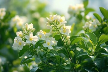 clusters of small white blossoms with yellow centers and unopened buds on glossy green shrub foliage, sunlit soft bokeh conveying a peaceful fresh delicate mood