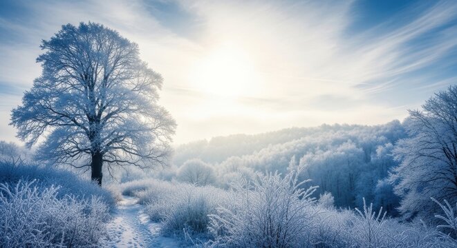 Bright winter landscape with a solitary tree covered in frost and snow under a bright sunlit sky, creating a serene and cold natural scene in the countryside - Powered by Adobe