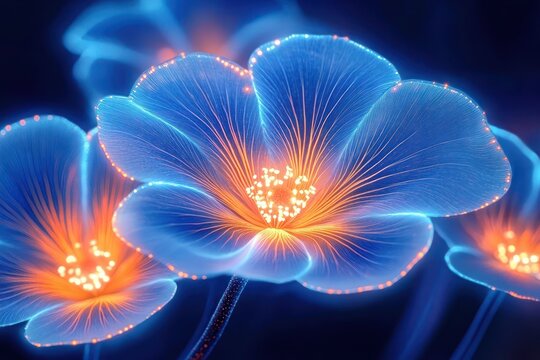 Ethereal cluster of blue glowing flowers with fiery orange centers, delicate luminous veins, sparkling petal edges and slender stems, serene magical atmosphere