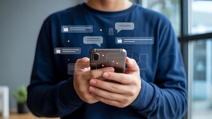 Person holding a smartphone displaying communication technology concept messages around the screen